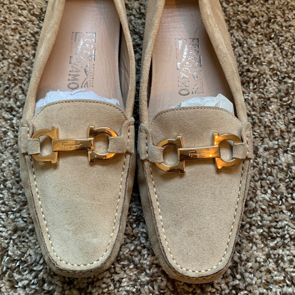 Salvatore Ferragamo Beige Suede Flats